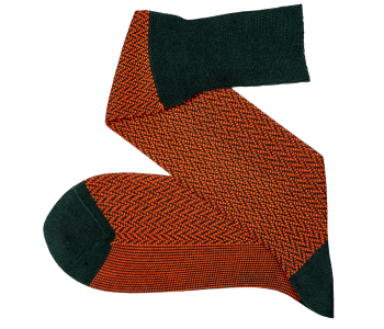 VICCEL / CELCHUK Knee Socks Herringbone Dark Green / Orange - Ciemnozielone podkolanówki z pomarańczową teksturą
